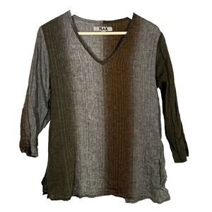 FLAX Tunic Top Size Small V-Neck Stripe 100% Linen Jeanne Englehart Lagenlook